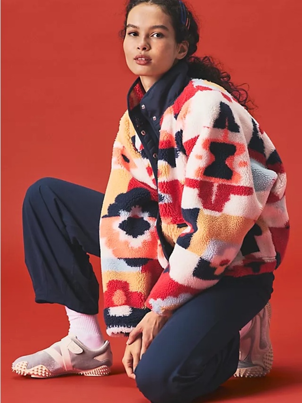 Free People Mountain High Bold Geo Sherpa Fuzzy Jacket in Red & Navy L NWT - Picture 2 of 6